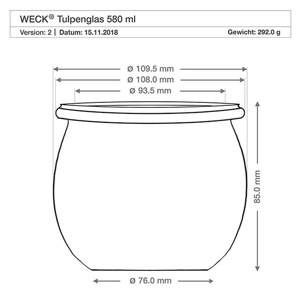 Słoik tulipan 580ml WECK RR100 z korkiem naturalny Rysunek techniczny WECK słoik tulipan 580ml RR100 o wymiarach Średnica Wysokość Waga Specyfikacja produktu