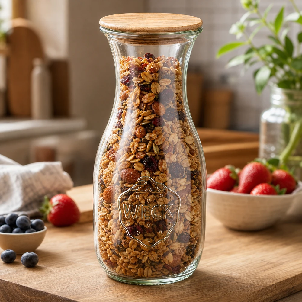 Butelka na sok 530 ml WECK RR60 z drewnianą pokrywką Butelka na sok WECK 530ml RR60 wypełniona musli i orzechami jako słoik do przechowywania z drewnianą pokrywką na drewnianej desce