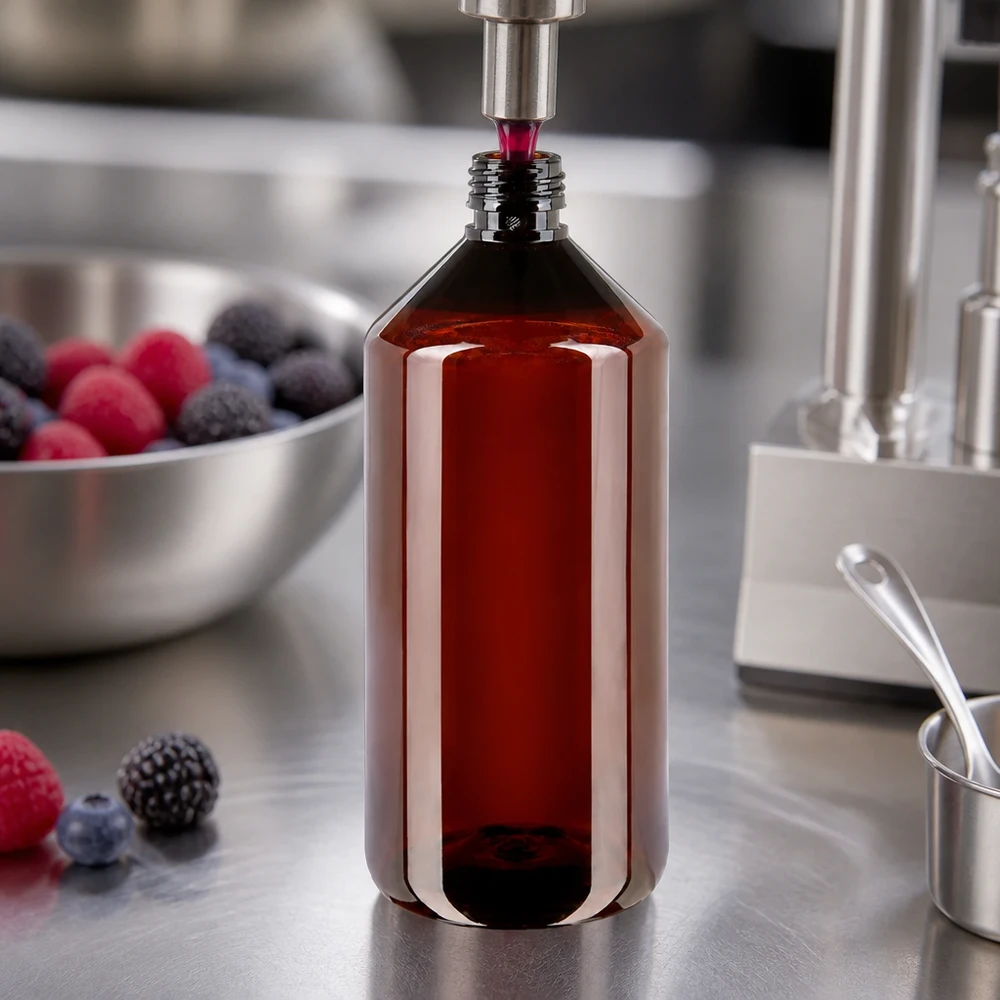 Butelka PET 1000ml PP28 bez zakrętki Butelka PET w kolorze bursztynowym o pojemności 1000 ml z gwintem PP28 jest napełniana czerwonym sokiem jagodowym