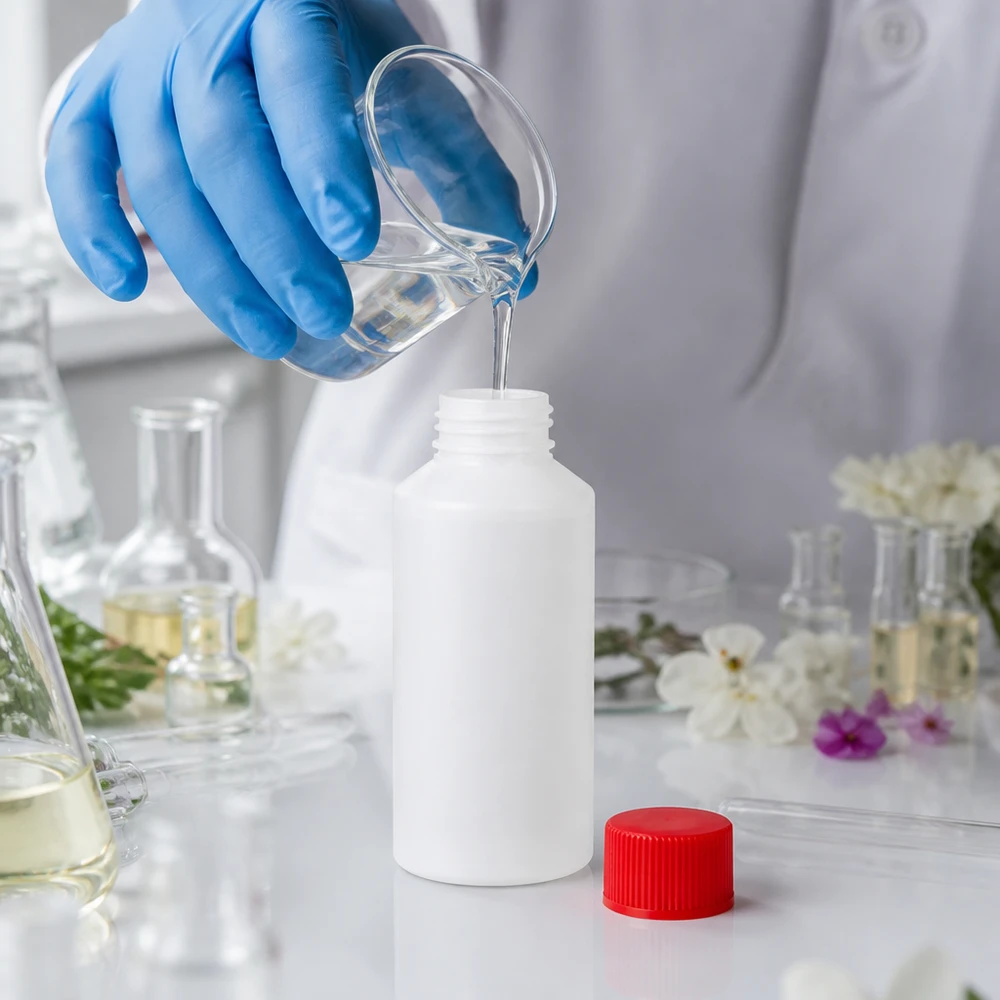 Biała butelka farmaceutyczna z HDPE o pojemności 50 ml z czerwonym znakiem SV podczas napełniania przezroczystym płynem