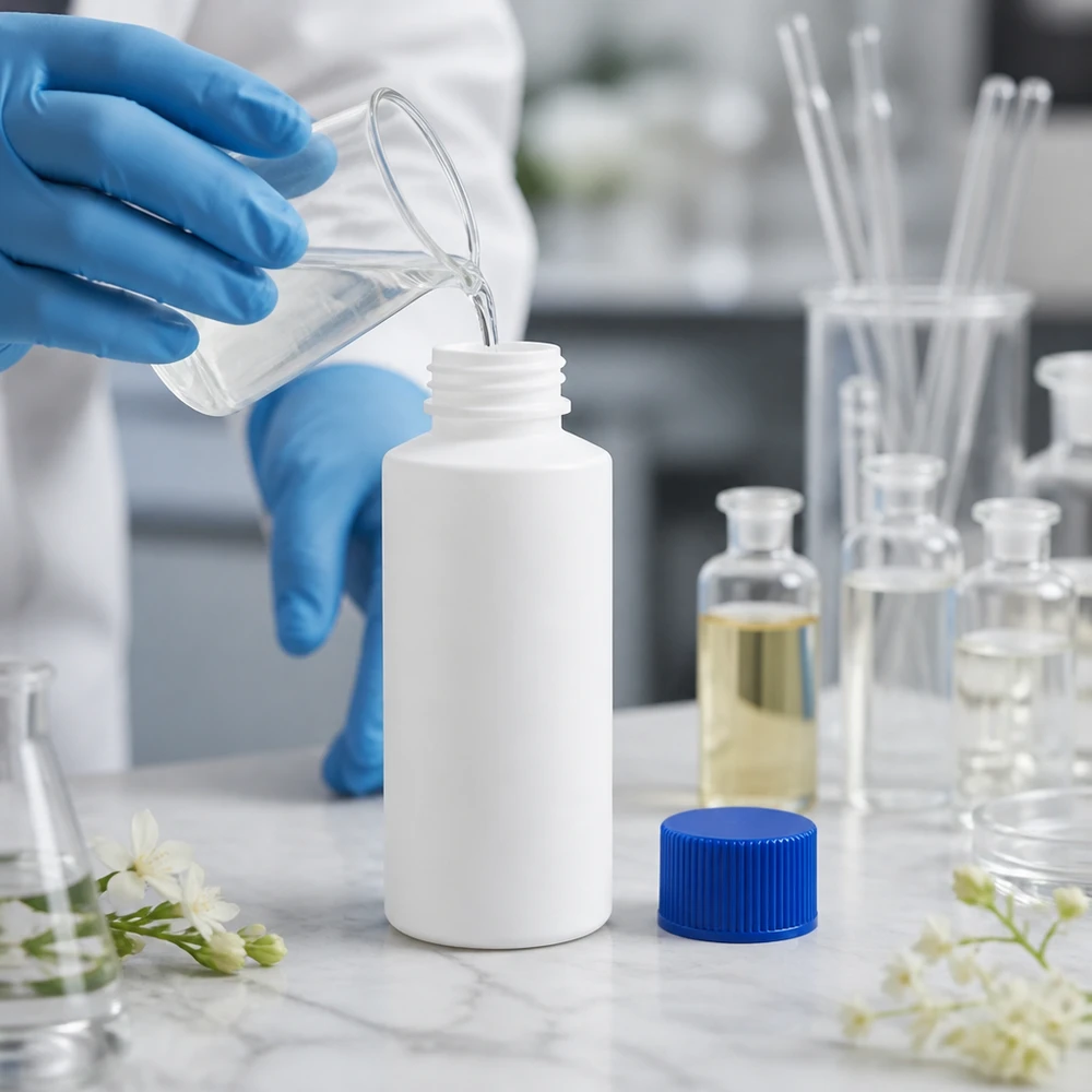 Mała biała butelka z tworzywa sztucznego o pojemności 30 ml z niebieskim zamknięciem zabezpieczającym przed dziećmi, przeznaczona do zastosowań laboratoryjnych