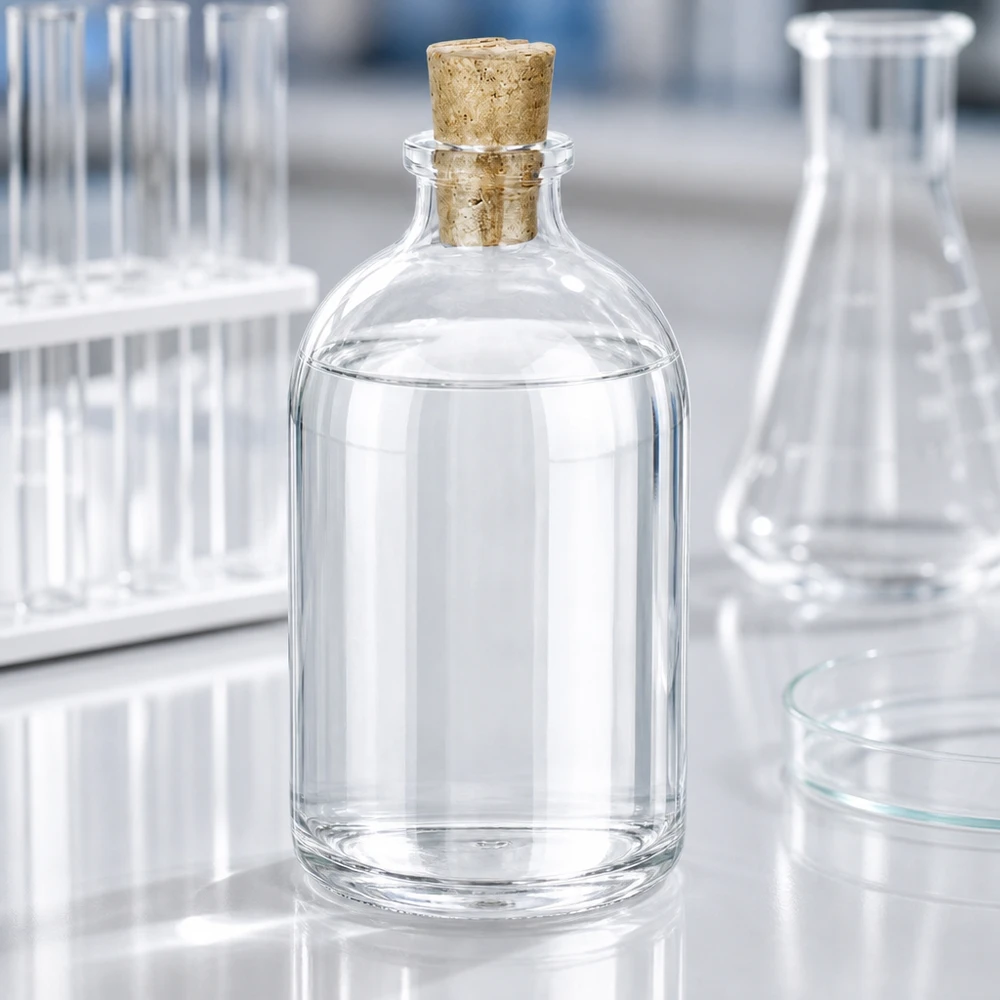 Butelka z przezroczystego szkła 100 ml z korkiem 11/14 mm Miniaturflasche Klarglas 100ml mit konischem Korken auf Labortisch