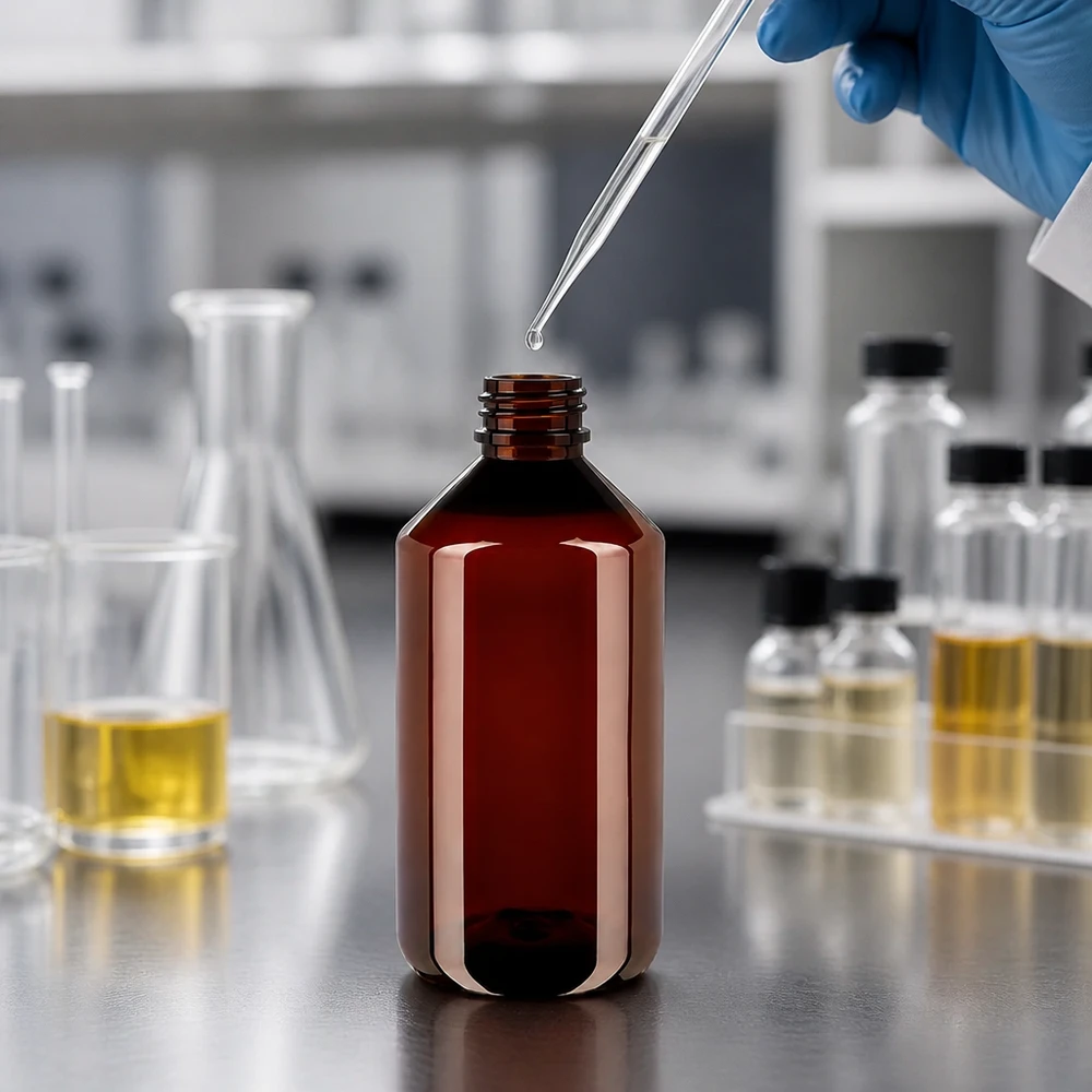 Butelka PET 750 ml z czerwoną nakrętką OV Brązowa butelka PET o pojemności 750 ml z czerwonym opakowaniem zewnętrznym obok kolby Erlenmeyera i szklanej fiolki w laboratorium