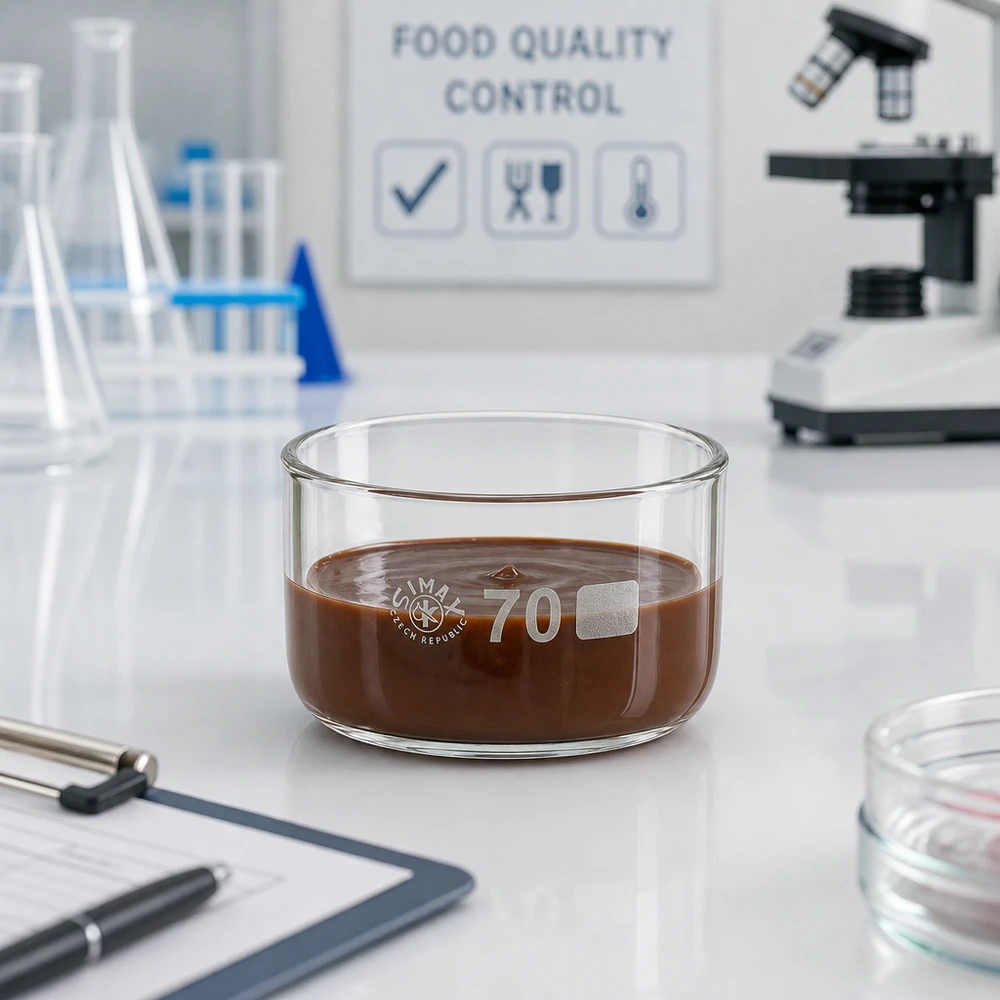 Naczynie do krystalizacji 100 ml bez dziobka Borokrzemianowe Miska do krystalizacji o pojemności 100 ml z masą czekoladową podczas kontroli jakości żywności w laboratorium