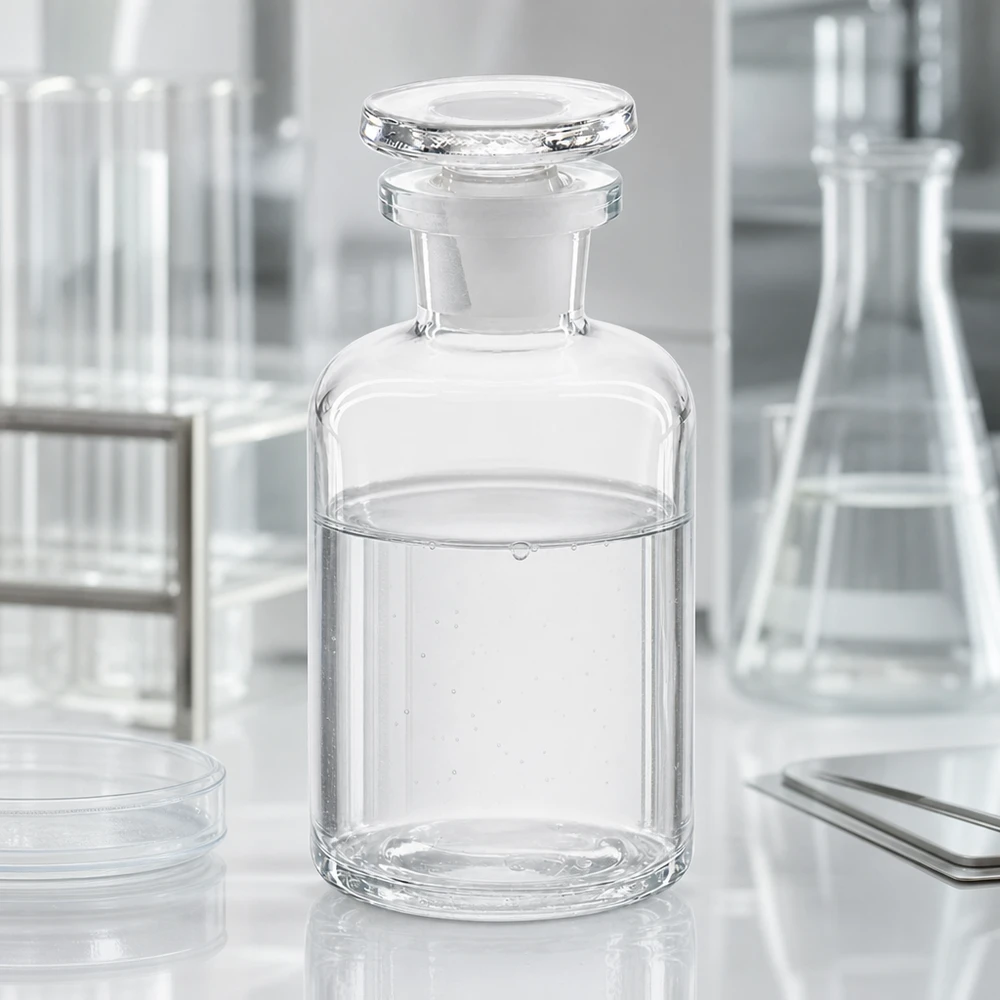 Przezroczysta butelka z zaokrąglonymi ramionami, pojemność 50 ml, z wąską szyjką i szklanym korkiem, wykonana ze szkła niezawierającego borokrzemianu
