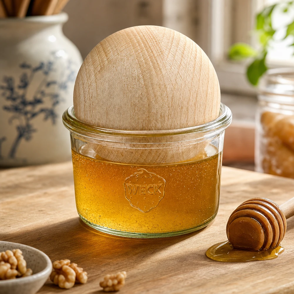 WECK tumblers 200ml z bukową kulą wypełnioną miodem, łyżką miodu i orzechami włoskimi na drewnianym stole w ciepłej kuchni