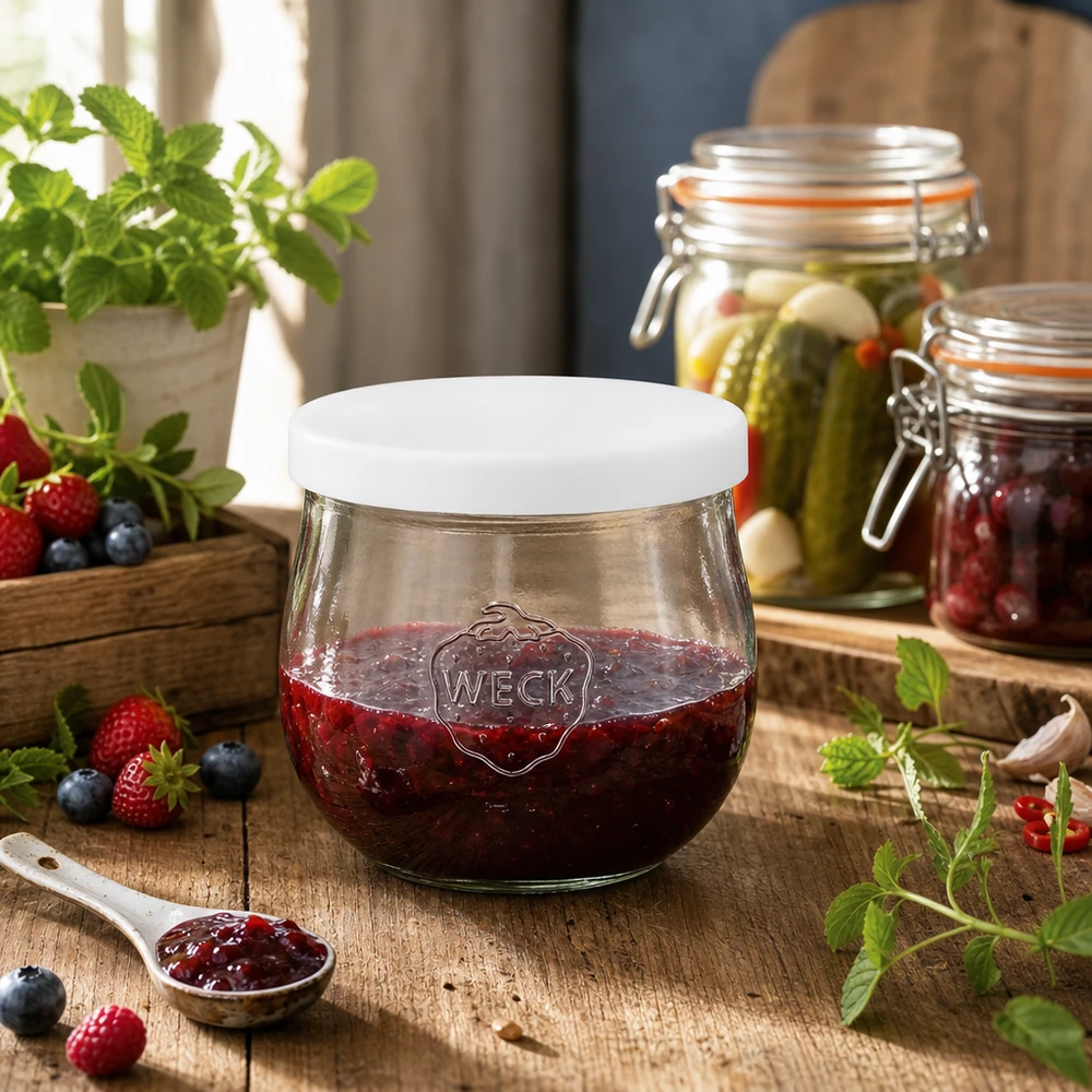 WECK słoik tulipan 370ml wypełniony dżemem jagodowym silikonowa pokrywka biały słoik do przechowywania dżemu kuchnia