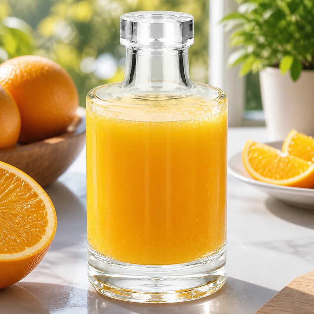 100 ml szklana butelka Marie wypełniona sokiem pomarańczowym otoczona świeżymi pomarańczami i plastrami pomarańczy na marmurowym stole