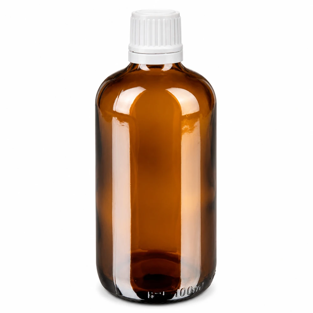 Butelka apteczna brązowa 100ml drip v. 1,2 mm biały OV 100 ml brązowa butelka apteczna z kroplomierzem, wykonana z brązowego szkła, z białym zamknięciem OV i kroplomierzem 0,7 mm