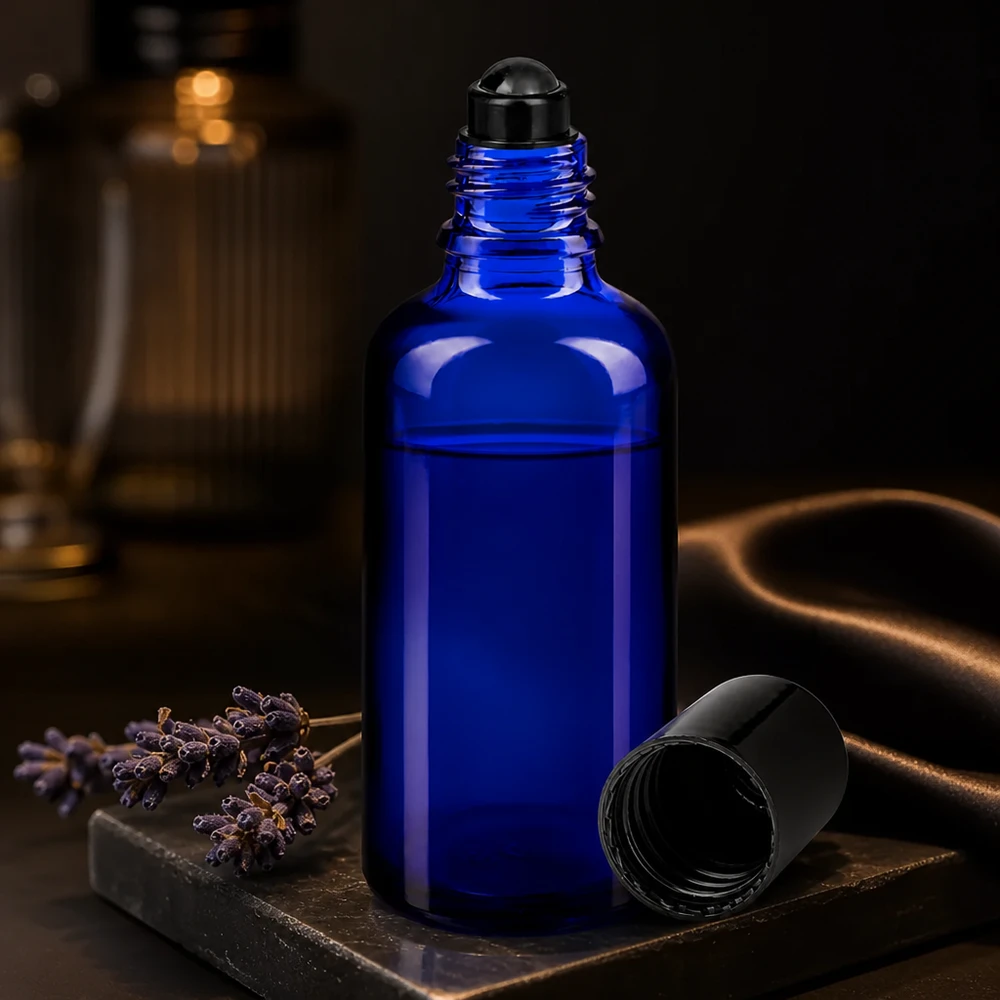 Buteleczka z kulką o pojemności 50 ml w kolorze kobaltowym, wykonana ze szkła chroniącego przed promieniowaniem UV, z czarnym aplikatorem kulkowym i dekoracją w kształcie lawendy