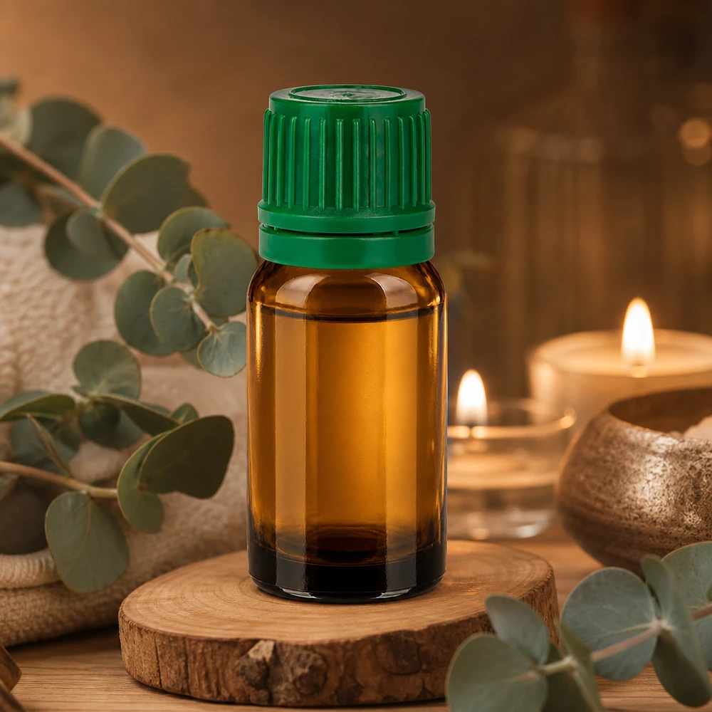 Butelka 10 ml 11 mm SV zielona OV BrownLine UT18/10 Mała szklana butelka o pojemności 10 ml w kolorze bursztynowego brązu z zieloną nakrętką do aromaterapii i odnowy biologicznej