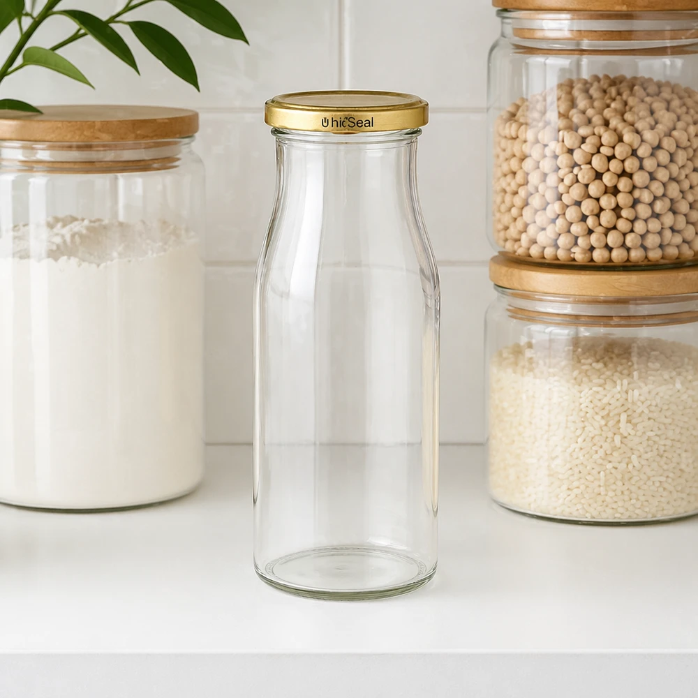 Butelka UNiTWIST Bottle150 w kolorze złotym. Pokrywka TO43 BioSeal Leere UNiTWIST Glasflasche 150ml mit goldenem BioSeal Verschluss in Küche zwischen Vorratsgläsern mit Lebensmitteln