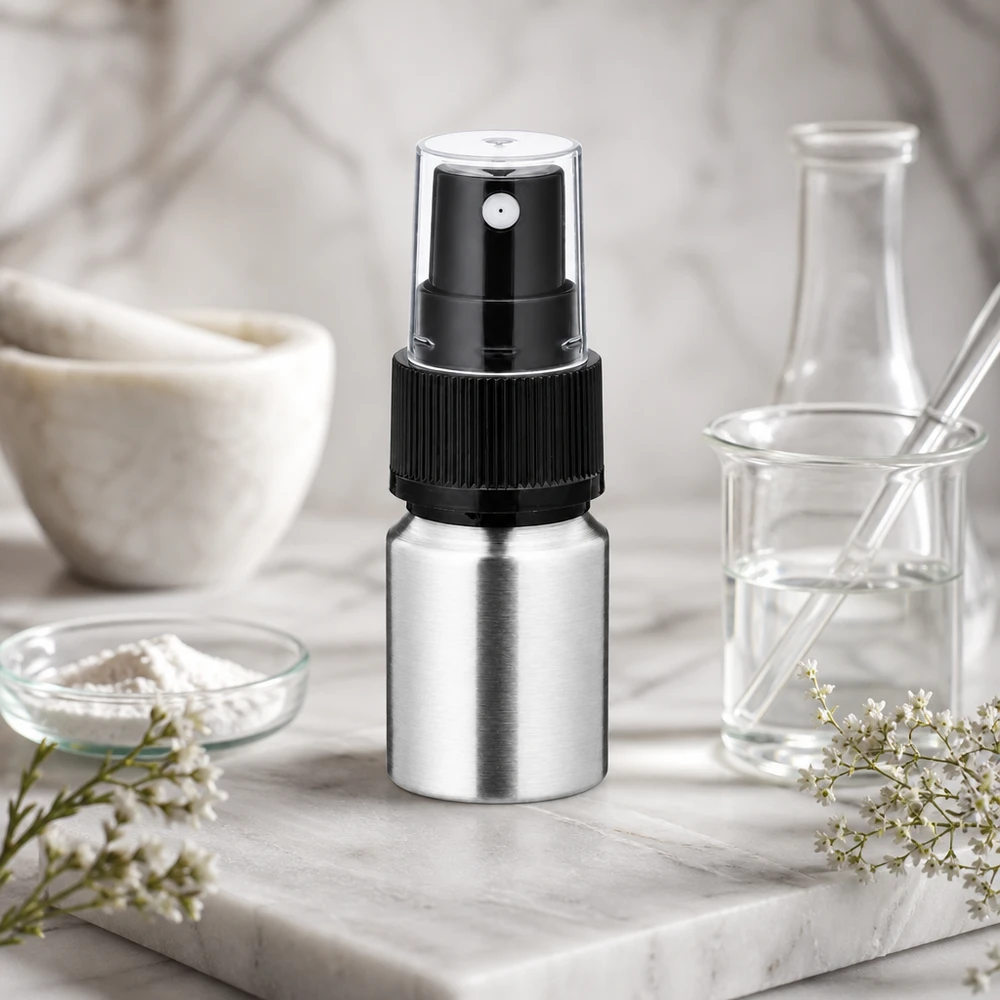 Matowy srebrny aluminiowy flakon 10 ml z czarnym atomizerem - elegancka polerowana powierzchnia dla perfum