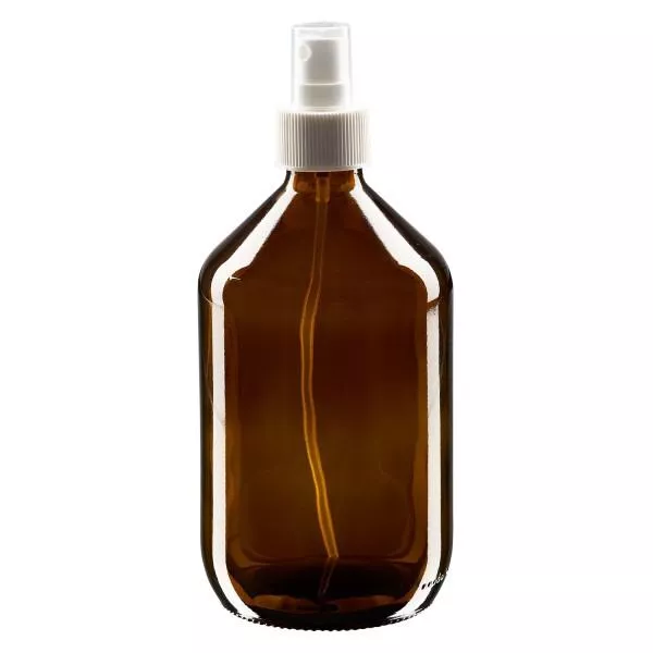 Butelka na lek 500 ml brązowa, z pompką rozpylającą białą ApoGlas. Farmaceutyczna jakość produkcji UE. Gwint 28 mm (PP28). (syrop, butelka z lekkiego szkła)