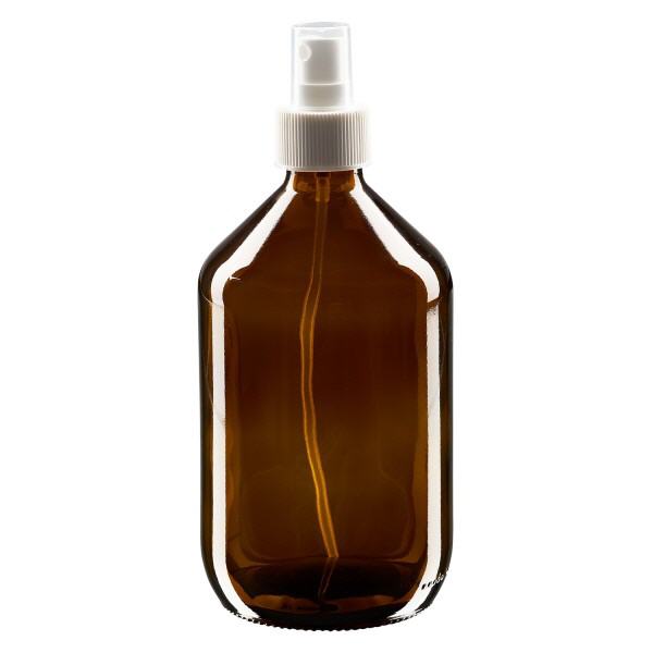Butelka na lek 500 ml brązowa, z pompką rozpylającą białą ApoGlas. Farmaceutyczna jakość produkcji UE. Gwint 28 mm (PP28). (syrop, butelka z lekkiego szkła) Butelka na lek 500 ml brązowa, z pompką rozpylającą białą ApoGlas. Farmaceutyczna jakość produkcji UE. Gwint 28 mm (PP28). (syrop, butelka z lekkiego szkła)