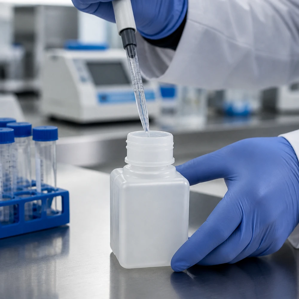 Laborant pipetuje płyn do małej butelki na chemikalia z polietylenu o wysokiej gęstości (PE-HD) o pojemności 20 ml i wąskiej szyjce
