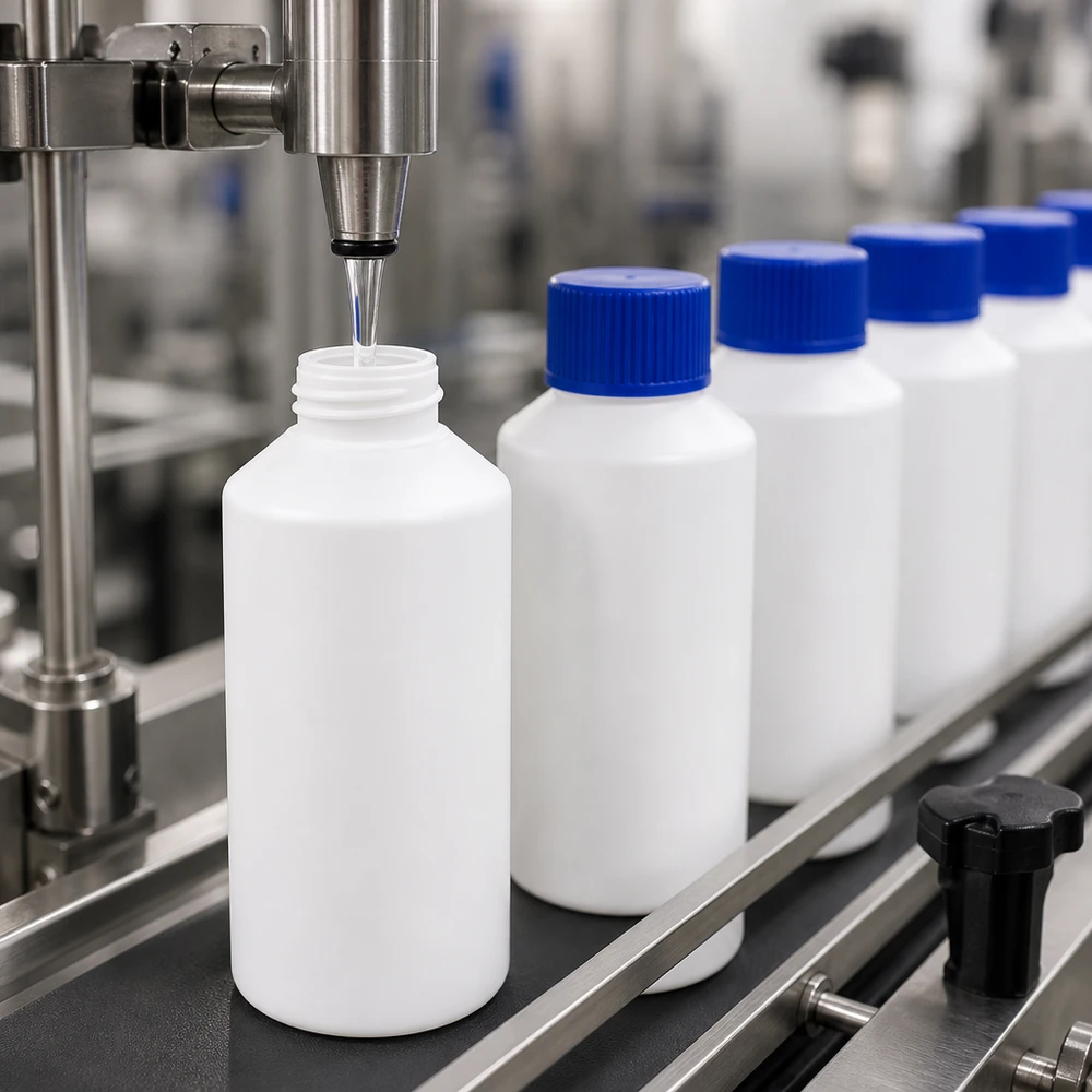 Butelka apteczna HDPE 50ml biała, z niebieskim SV Automatyczna linia rozlewnicza napełnia białe butelki apteczne z HDPE o pojemności 50 ml z niebieskimi zakrętkami