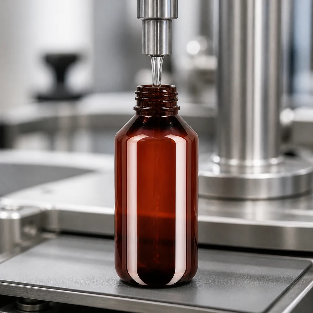 Butelka PET 200 ml z brązową nakrętką OV Bernsteinfarbene PET Flasche 200ml mit OV-Sicherheitsverschluss für Pharmaindustrie