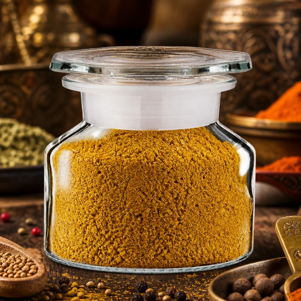 Butelka z szeroką szyjką o pojemności 50 ml, wypełniona curry w proszku, na tle orientalnych przypraw