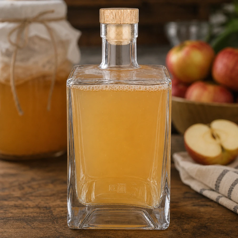 Butelka szklana 700 ml Ben z drewnianym korkiem UNiTWIST® 700 ml szklana butelka Ben wypełniona brandy jabłkową obok świeżych jabłek Sceneria kuchenna Drewniany korek Brandy owocowa UNiTWIST