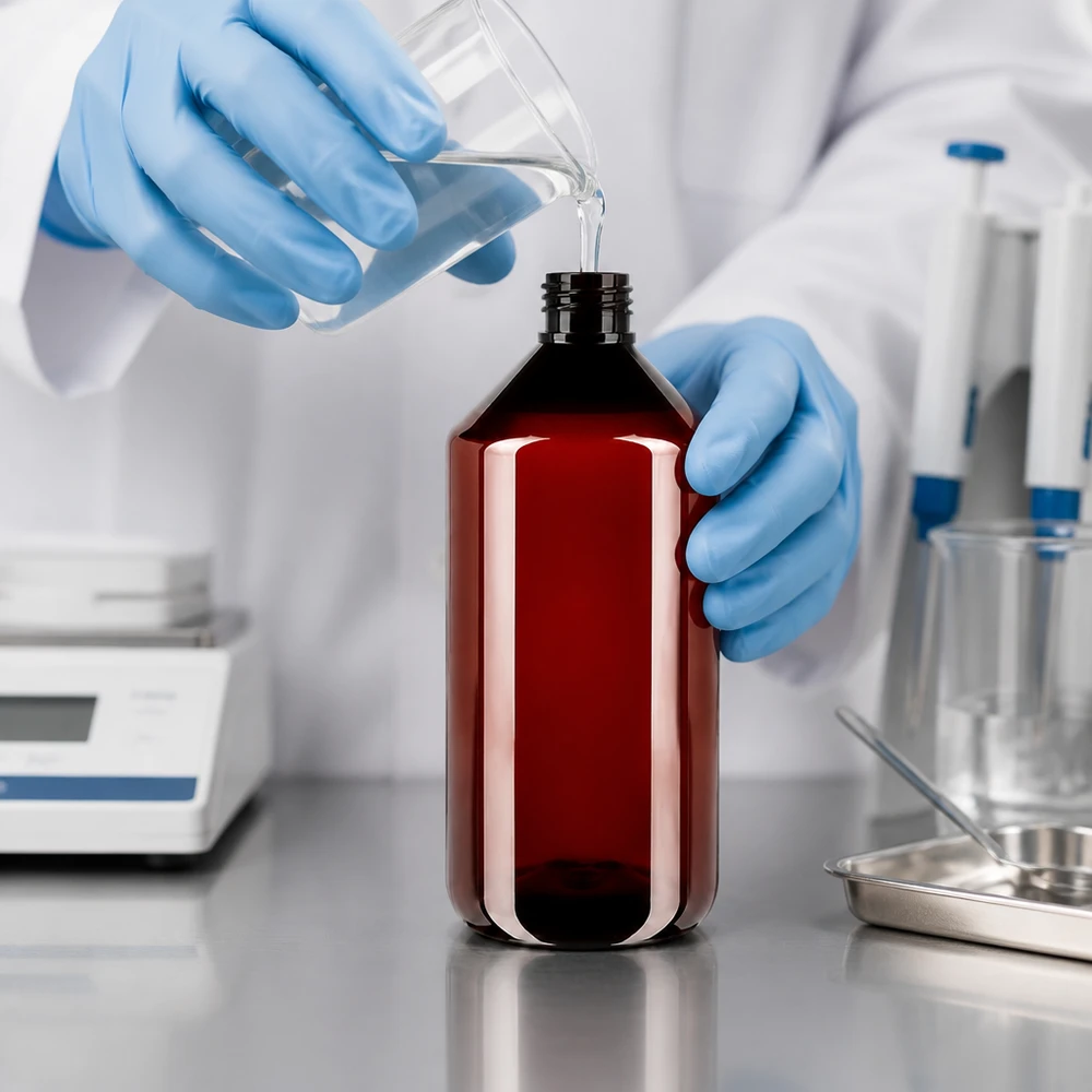 Butelka PET 750ml z nakrętką odgazowującą czerwona Naukowiec, mając na rękach rękawiczki ochronne, wlewa przezroczysty płyn do czerwono-brązowej butelki PET o pojemności 750 ml