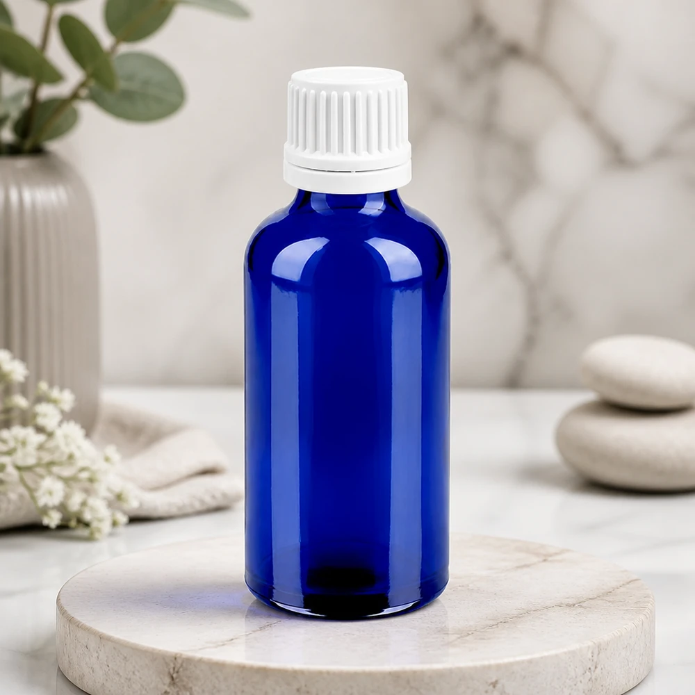 50 ml butelka z zakraplaczem BlueLine wykonana z wysokiej jakości szkła kobaltowego z precyzyjnym otworem zakraplacza 0,7 mm
