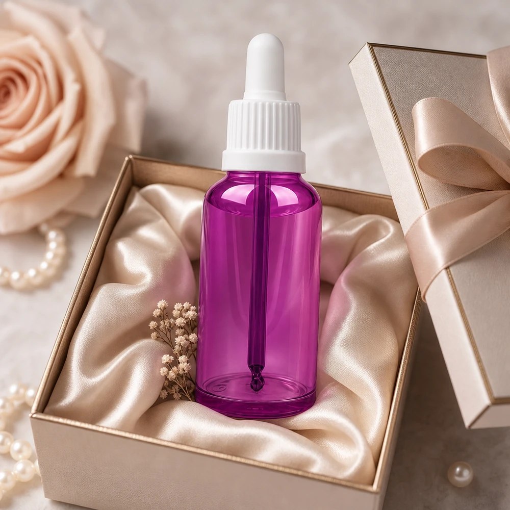 Butelka z pipetą 50 ml z białą zakrętką Originality PurpleLine UT18/50 50 ml butelka kosmetyczna wykonana z wysokiej jakości szkła z pipetą do serum i olejków do twarzy