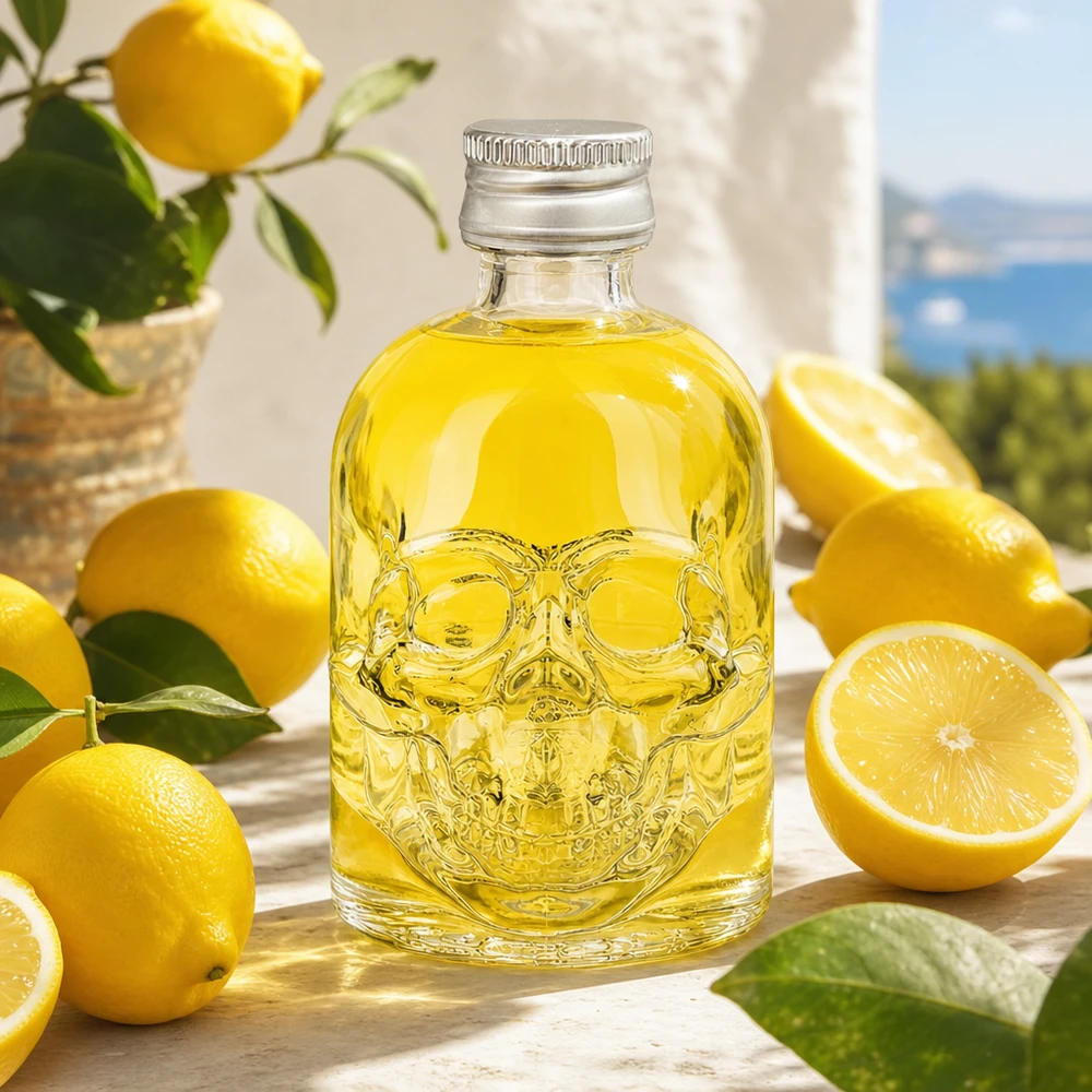 50 ml szklana butelka Hector w kształcie czaszki z żółtą zawartością ozdobiona świeżymi cytrynami na drewnianym stole