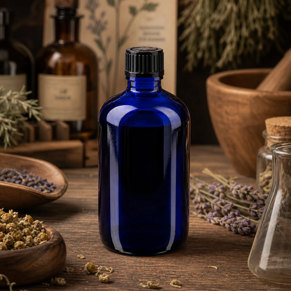 Szklana butelka o pojemności 100 ml w kolorze kobaltowym z wkładem kroplowym o średnicy 1 mm, umieszczonym pomiędzy suszonymi ziołami a drewnianym moździerzem