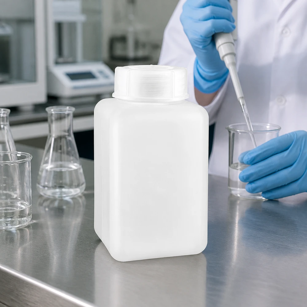 Prostokątna butelka na chemikalia z PE-HD o pojemności 1000 ml, z szeroką szyjką, w kolorze naturalnym, na laboratoryjnym stole roboczym ze stali nierdzewnej