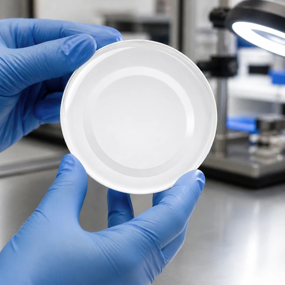 Rękawiczki laboratoryjne przytrzymują białą pokrywkę BasicSeal TO48 o średnicy 48 mm firmy UNiTWIST przed mikroskopem