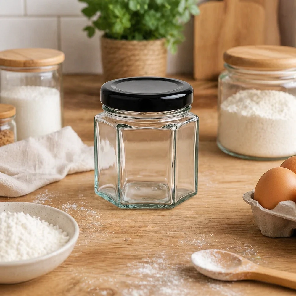 Słoik sześciokątny 47 ml z pokrywką BasicSeal czarna UN.. Słoik hexa 47 ml z czarną pokrywką w kuchni do pieczenia między mąką, jajkami i słoikami do przechowywania na drewnianym blacie.