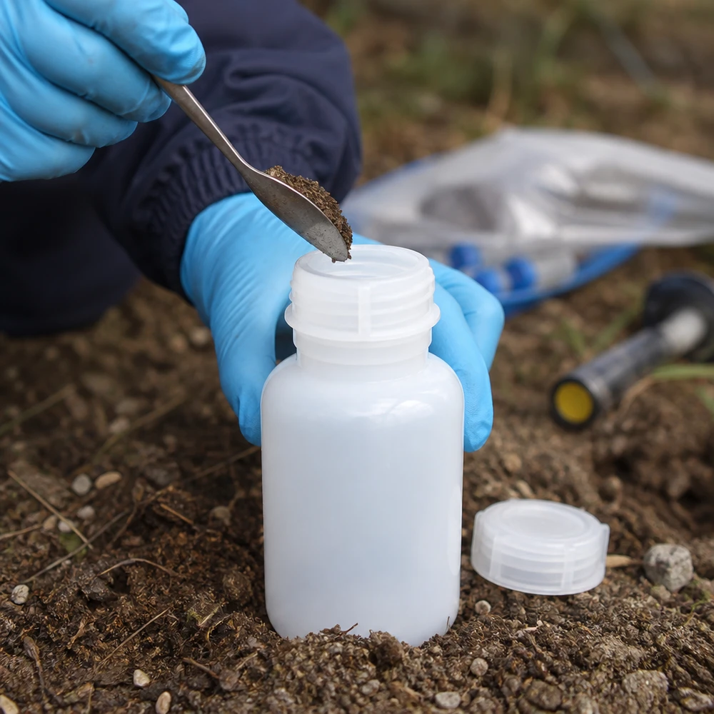 Butelka laboratoryjna 250 ml z szeroką szyjką i zakrętką Geländeentnahme von Bodenproben in 250ml Weithalsflasche mit blauem Latexhandschuh