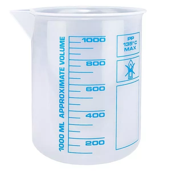 Zlewka pomiarowa 1000 ml (zlewka Griffin) PP, antystatyczna, o wysokiej przezroczystości zgodnie z DIN 12.311, z krawędzią bez stopni, nadrukowana niebieska skala Zlewka pomiarowa 1000 ml (zlewka Griffin) PP, antystatyczna, o wysokiej przezroczystości zgodnie z DIN 12.311, z krawędzią bez stopni, nadrukowana niebieska skala