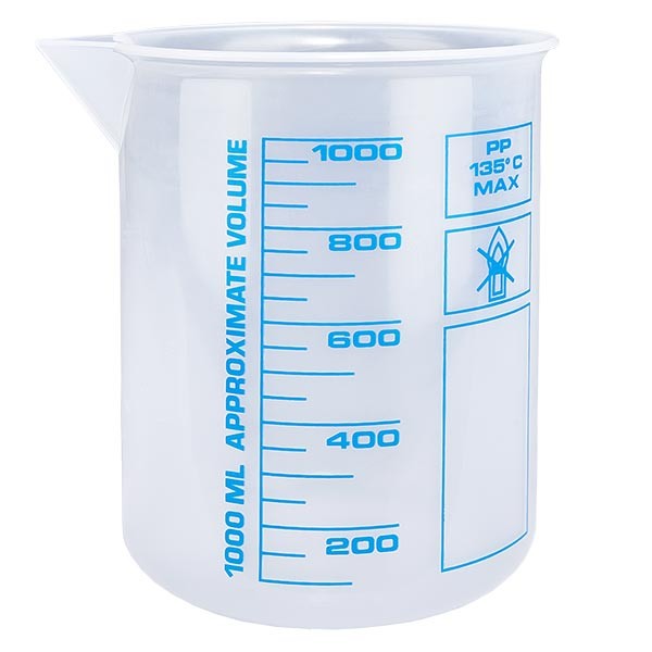 Zlewka pomiarowa 1000 ml (zlewka Griffin) PP, antystatyczna, o wysokiej przezroczystości zgodnie z DIN 12.311, z krawędzią bez stopni, nadrukowana niebieska skala Zlewka pomiarowa 1000 ml (zlewka Griffin) PP, antystatyczna, o wysokiej przezroczystości zgodnie z DIN 12.311, z krawędzią bez stopni, nadrukowana niebieska skala