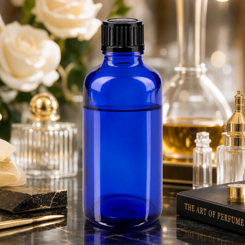 Butelka apteczna niebieska 50ml zakrętka czarna szt. Niebieska szklana buteleczka o pojemności 50 ml z czarnym standardowym zamknięciem na marmurowym stoliku w aranżacji perfumeryjnej