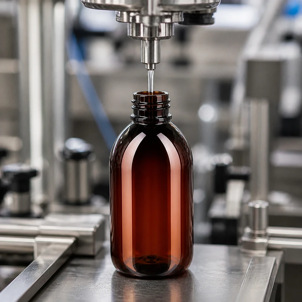 Przemysłowe napełnianie brązowej butelki PET o pojemności 250 ml z czerwonym zamknięciem odgazowującym