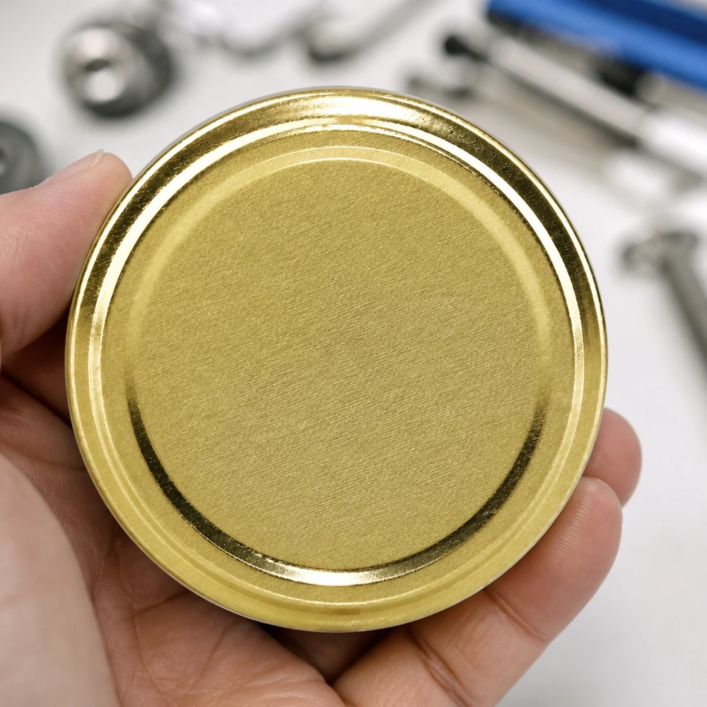 Pokrywka 82 mm TO82 UniTwist BasicSeal w kolorze złotym na otwartej dłoni, z narzędziem w tle
