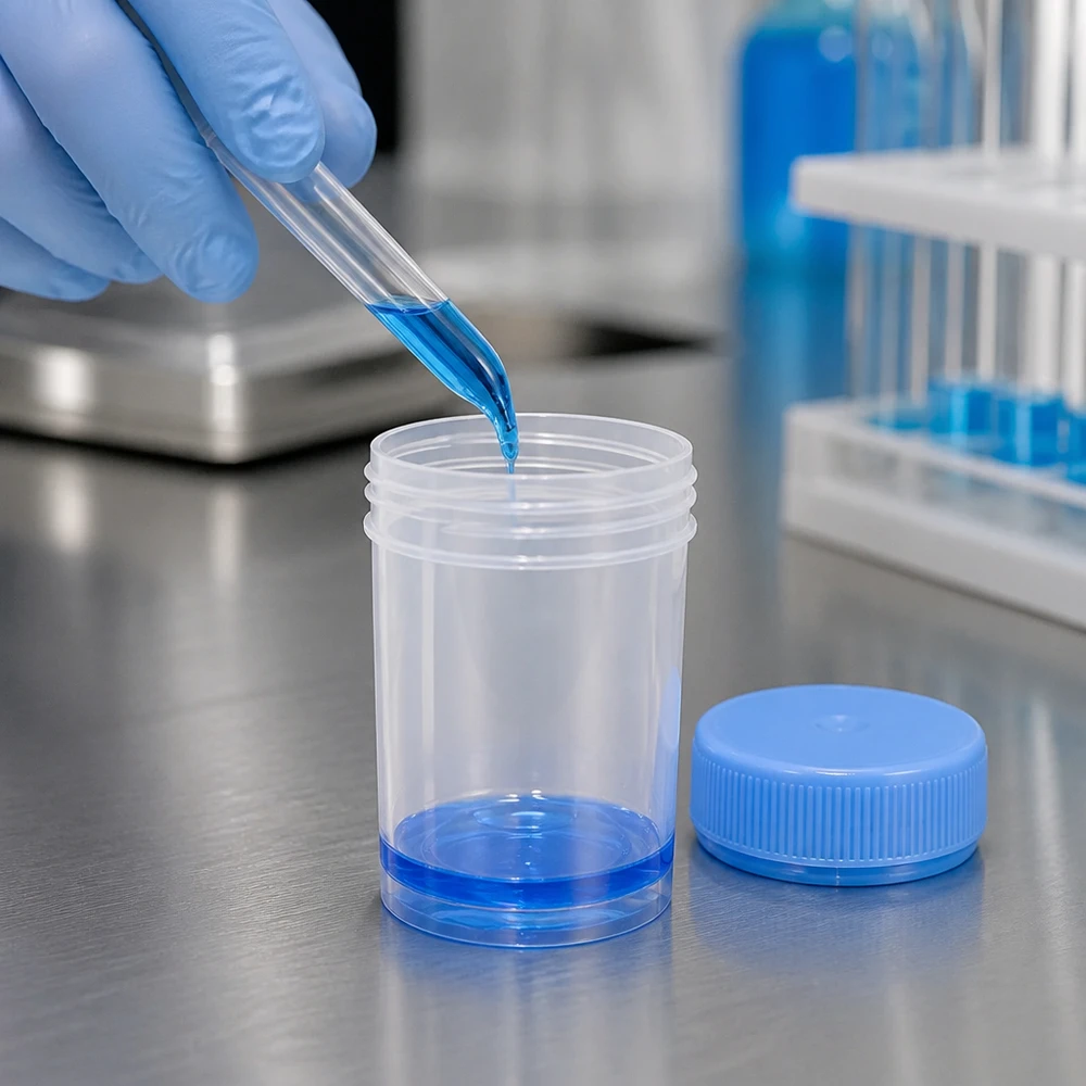 Niebieski płyn wlewa się pipetą do przezroczystego naczynia Patho o pojemności 35 ml z zakręcaną pokrywką