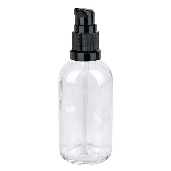 100 ml butelka z pompką czarna STD ClearLine UT18/100 Szklana butelka o pojemności 100 ml z czarną pompką, seria ClearLine – przezroczysta butelka apteczna