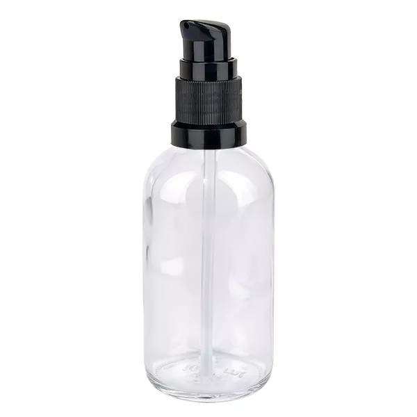 100 ml butelka z pompką czarna STD ClearLine UT18/100 Szklana butelka o pojemności 100 ml z czarną pompką, seria ClearLine – przezroczysta butelka apteczna
