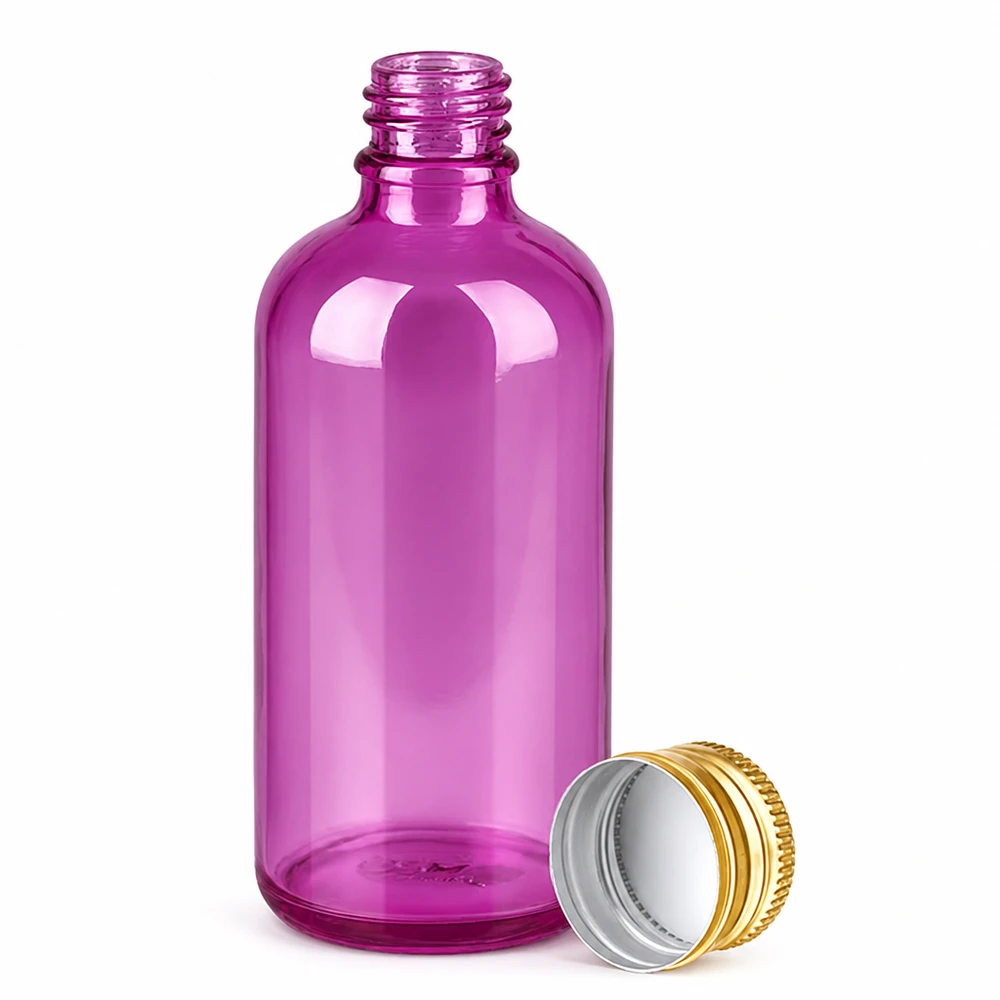 Butelka 100ml 11mm zakrętka aluminiowa standard złota PurpleLine. UT18/100 Fioletowa szklana butelka o pojemności 100 ml z aluminiową zakrętką do olejków eterycznych i nalewek
