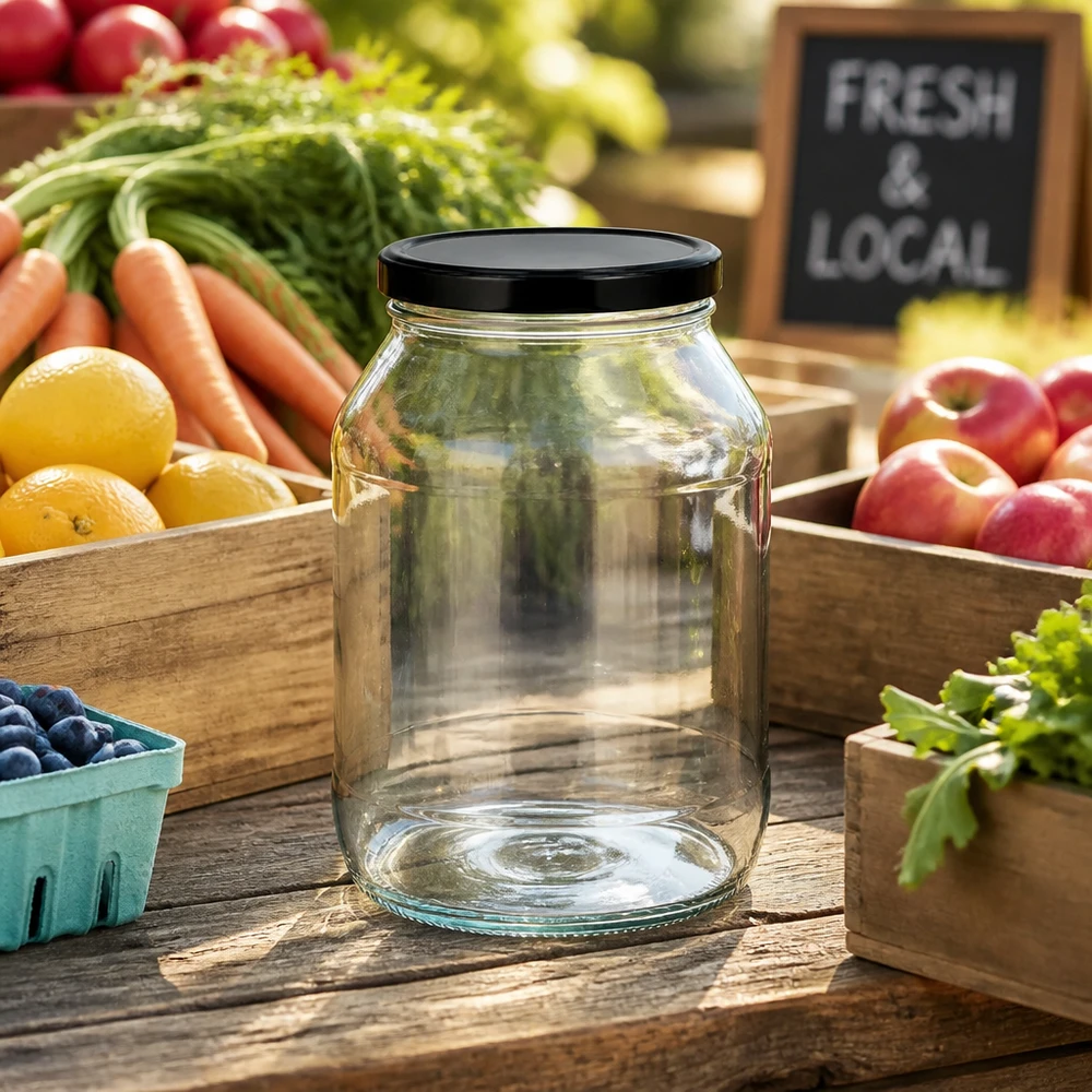 Słoik okrągły 2650 ml z pokrywką BasicSeal czarną UN.. Leeres 2650ml Rundglas mit schwarzem Deckel zwischen frischem Obst und Gemüse auf Holztisch im Farmers Market Stil
