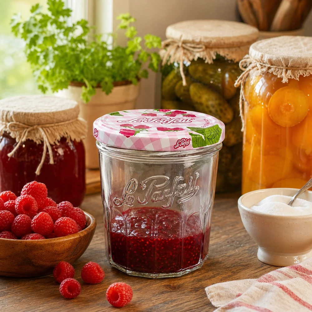 324ml Sturzglas "Jam" mit Schraubdeckel Le Parfait® Słoik na przetwory Le Parfait 324 ml z dżemem malinowym w rustykalnej kuchni obok innych słoików na przetwory i ziół