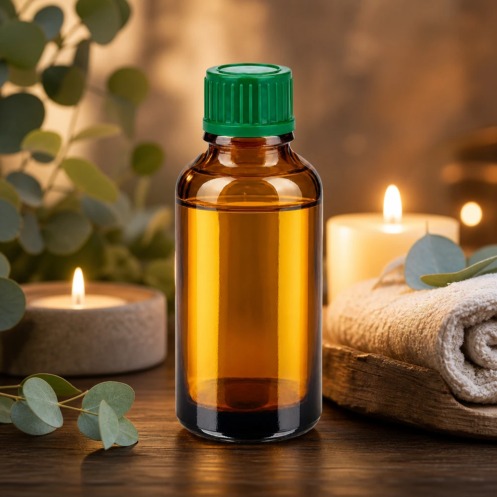 Mała szklana butelka o pojemności 30 ml w kolorze brązowym z zieloną pokrywką, idealna do aromaterapii i kosmetyków.