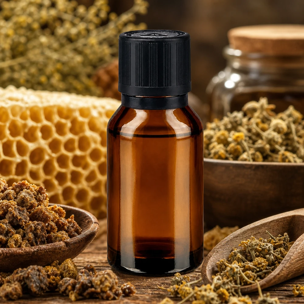 Apotfl. brown 15ml kroplówka v. Pr. 1mm s. KiSi Bliw OV Brązowa szklana buteleczka o pojemności 15 ml z zakraplaczem, otoczona motywem plastra miodu i suszonych ziół