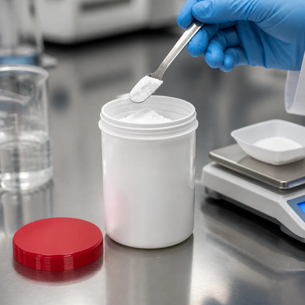 Słoik na maść 1000 g, biały, waga laboratoryjna do odmierzania proszku, farmaceutyczna, czerwona pokrywka z PP