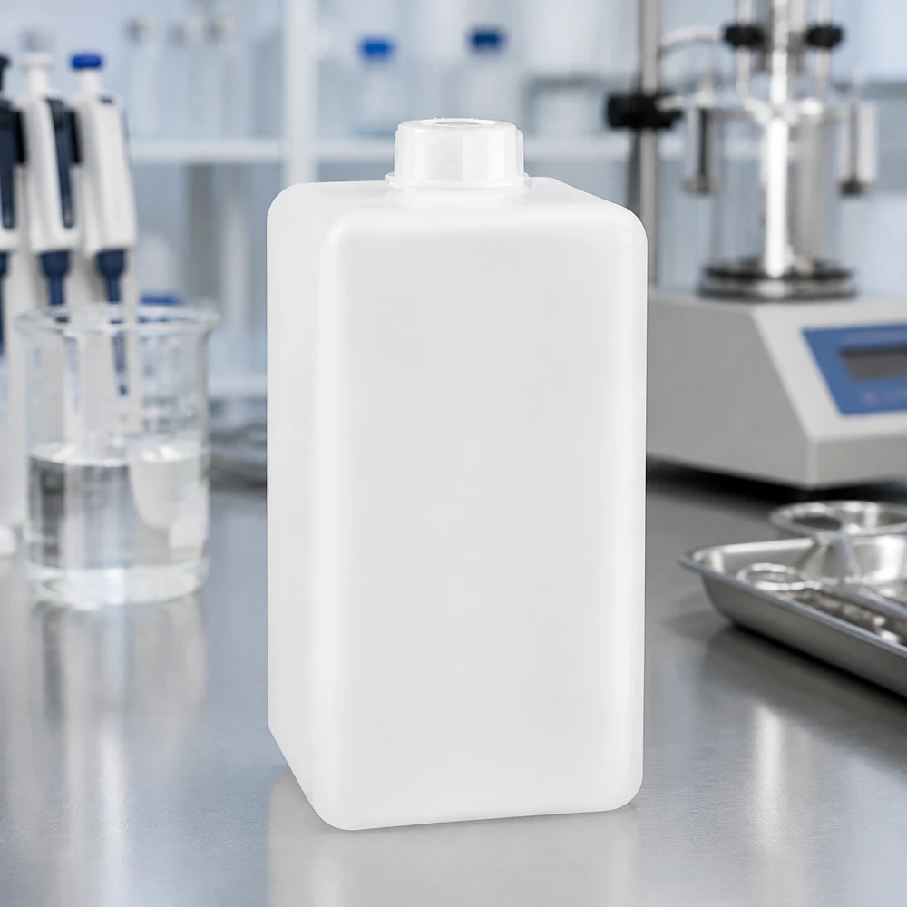 Butelka na chemikalia 1500 ml, wąska szyjka z PE-HD, kolor naturalny Butelka na chemikalia o pojemności 1500 ml, z polietylenu wysokogęstościowego (PE-HD), z wąską szyjką, w kolorze naturalnym, na laboratoryjnym blacie ze stali nierdzewnej wraz z przyrządami laboratoryjnymi