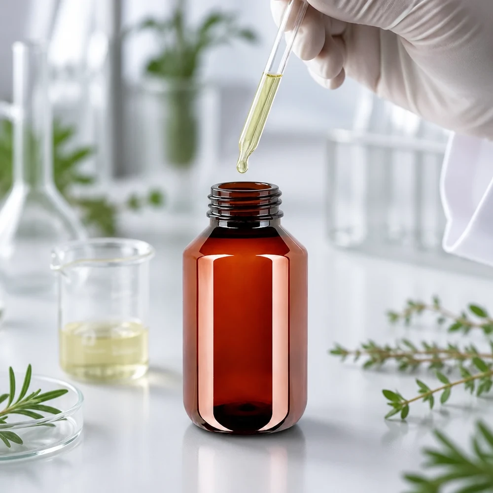 Brązowa butelka PET o pojemności 100 ml z zamknięciem zabezpieczającym przed manipulacją, przeznaczona do nowoczesnego laboratorium zajmującego się ekstraktami naturalnymi