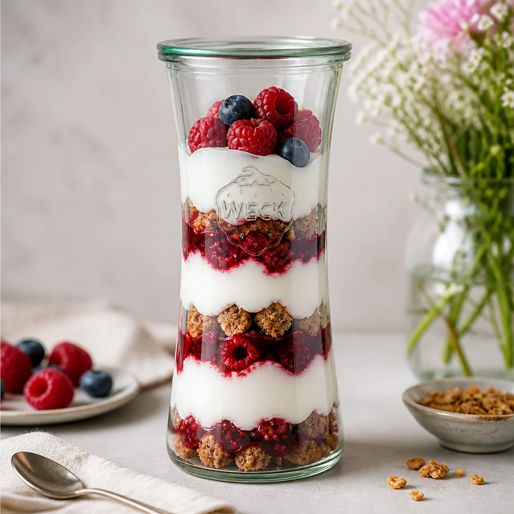 Słoik delikatesowy 700ml ze szklaną pokrywką WECK RR80 WECK 700ml Delikatessenglas RR80 mit geschichtetem Joghurt-Beeren-Parfait - stylisches Einmachglas für Desserts